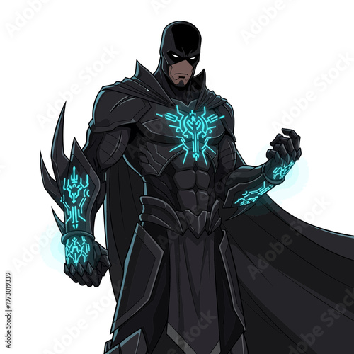 Futuristic Black Superhero with Glowing Blue Energy Armor and Cape