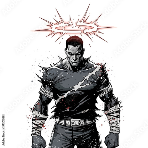 Intense Superhero Portrait with Spiky Outfit and Fiery Halo