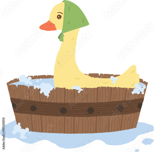 Cute cartoon duck taking a bath in wooden tub
