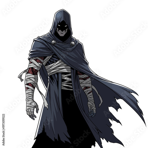 Mysterious hooded figure with tattered cloak and bandaged arms, dark fantasy character