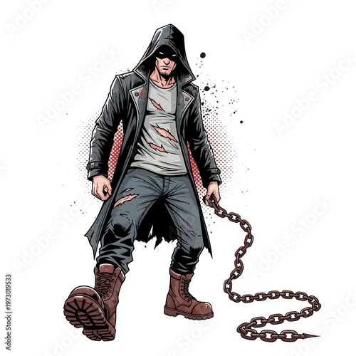 Mysterious hooded man with chain, dark trench coat, ripped clothes, gritty urban style