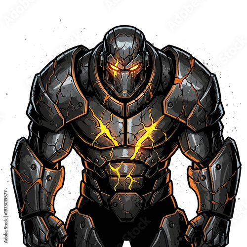 Powerful armored warrior with glowing eyes and cracked armor, concept art