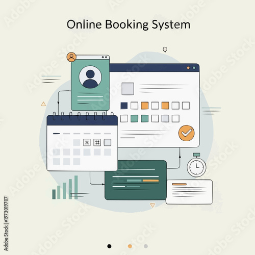 Modern flat vector illustration of an online booking system interface with calendar and schedule icons
