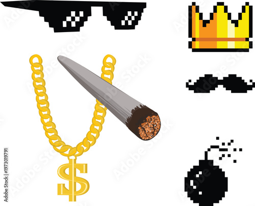 Thug life meme accessories set with pixel sunglasses gold dollar sign chain golden crown black mustache cigar and bomb icons for funny photo editing and internet culture digital sticker creation