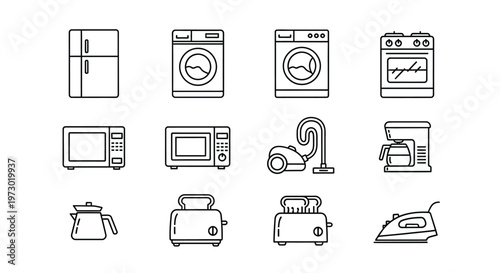 Illustrations of various household appliances and electronic devices Vector