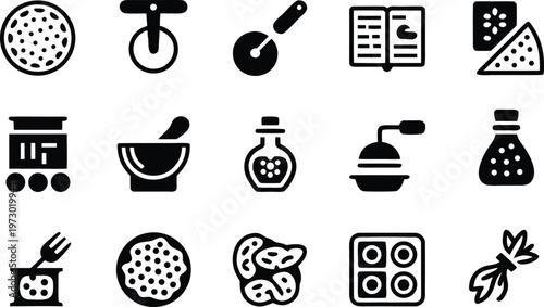 Pizza making equipment set with pizza cutter wheel cheese grater olive oil bottle flour sack mortar and pestle dough and ingredients cad drawing flat vector illustration