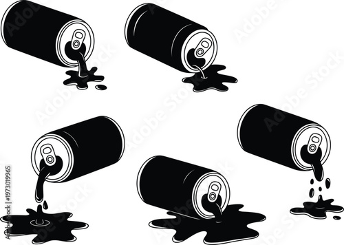 Spilled drink cans set, leaking soda containers vector illustration isolated black beverage accident mess