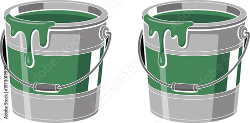 Paint bucket with dripping green paint, construction renovation tool vector illustration isolated