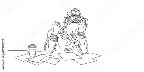 continuous single line drawing of stressed and confused woman with head in hands  line art vector illustration