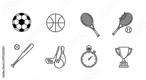 Various everyday objects including sports equipment and household items drawn in black and white Vector