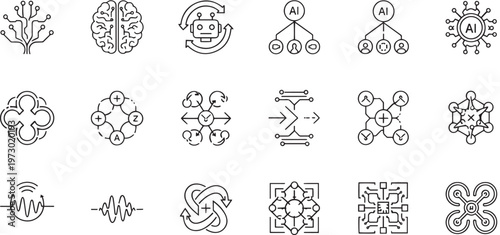 Artificial Intelligence Brain and Robotics Icon Set, AI Neural Network, Machine Learning Bot, Circuit Board and Digital Mind Symbols, Future Technology and Automation Vector Illustration