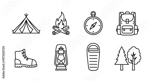 Line art illustrations of various camping and outdoor equipment and elements Vector