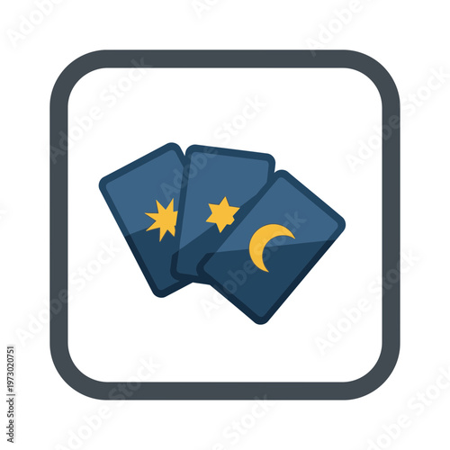 Stylized graphic icon depicting three spiritual fortune telling cards with celestial symbols