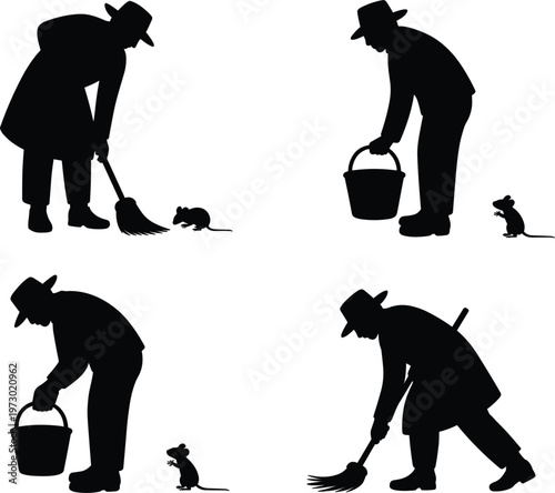 Rat catcher silhouettes set, man sweeping with broom bucket hunting rodents vector illustration isolated