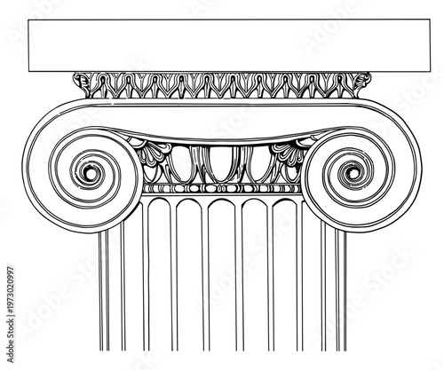 A clean vector-style drawing of an ancient Greek architectural element featuring prominent volutes and ornate carvings. This technical sketch captures the formal elegance of classical orders