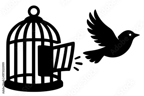 a songbird escaping a wire cage with an open door. Clean, modern vector art symbolizing hope, escape, and breaking free. Isolated icon style perfect for conceptual, motivational