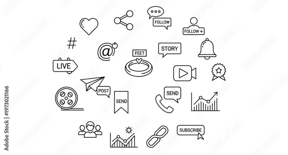 Naklejka premium A collection of social media icons and symbols in a minimalist line art style