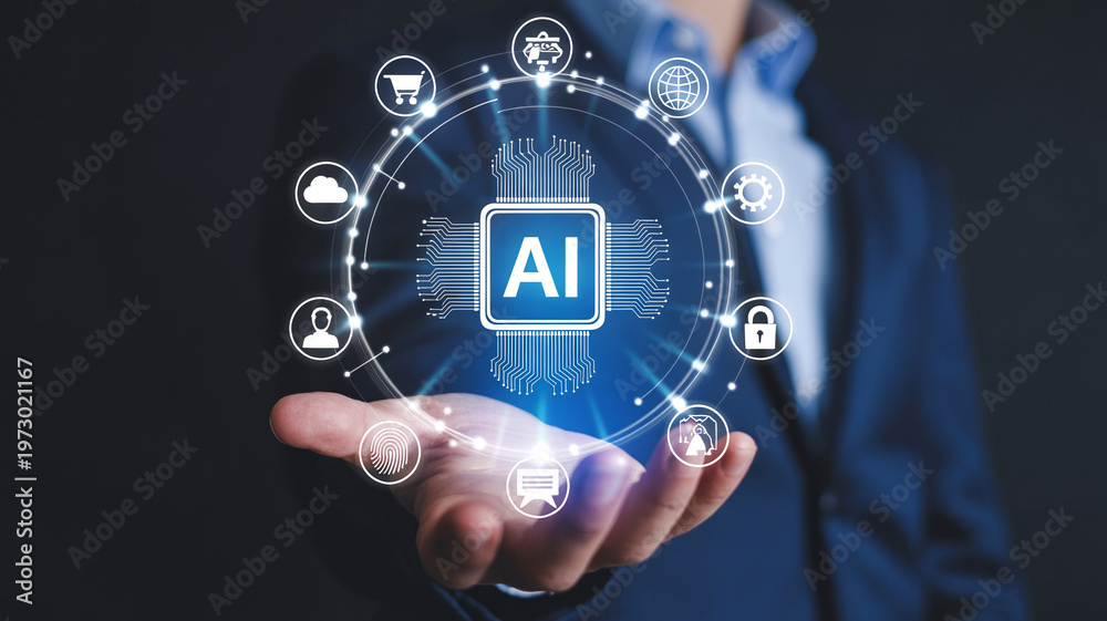 Fototapeta premium Businessman hand holding artificial intelligence processor with data network and business icons surrounding.