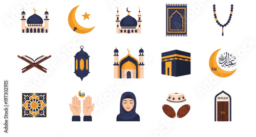 A collection of Islamic icons and symbols in a flat, minimalist design style