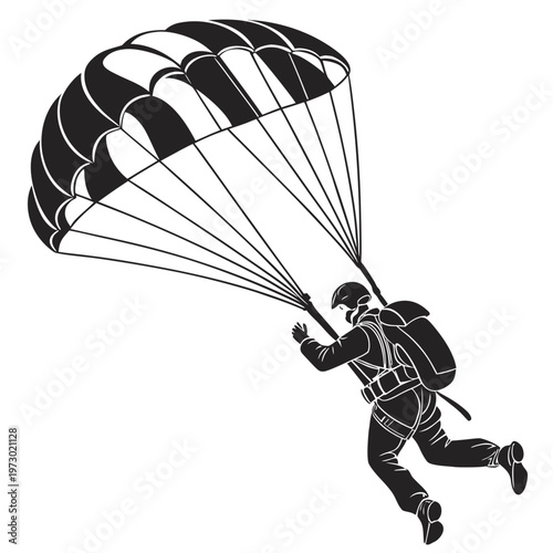 Parachutist silhouette vector illustration, skydiver jumping with open parachute, extreme sports paragliding icon, black and white skydiving graphic