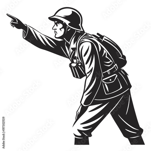Vintage soldier illustration in woodcut style, military infantryman pointing forward, black and white heroic warrior vector art for history and war themes