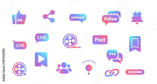 A colorful vector graphic illustration of social media icons and symbols for online engagement and communication
