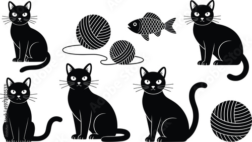 Black cat silhouettes with yarn balls and fish, cute pet collection vector illustration isolated