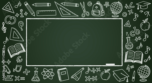Hand Drawn Chalk Doodle Frame on Green Blackboard for National Teacher Day Greeting