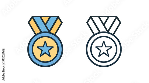 Gold Medal Icon Winner Award Badge Flat Line Vector