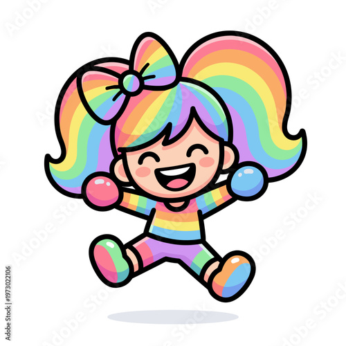 Cute Happy Girl with Rainbow Hair and Bow Sticker Vector
