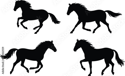 Running horse silhouettes set, galloping equine animals dynamic motion wildlife vector illustration isolated design