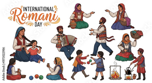 Vector illustration of Romani people celebrating International Romani Day with traditional music dance and cultural activities.