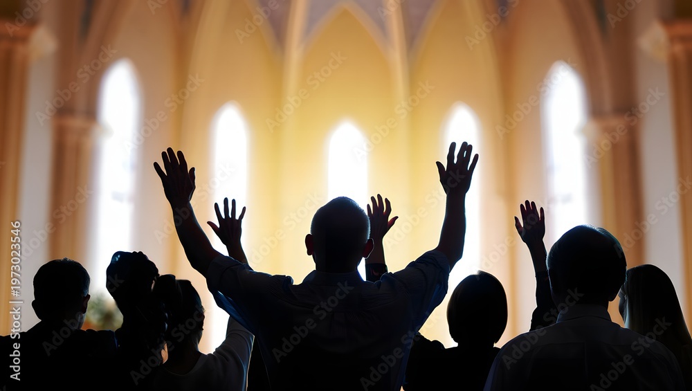 Fototapeta premium Silhouette of a crowd of youth dancing with hands raised up to the sun at a fun music concert disco party celebration vector illustration