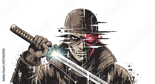 Cyberpunk Samurai Warrior with Glowing Eye and Katana