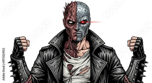Cyborg Warrior with Half Flesh, Half Metal Face and Red Eye