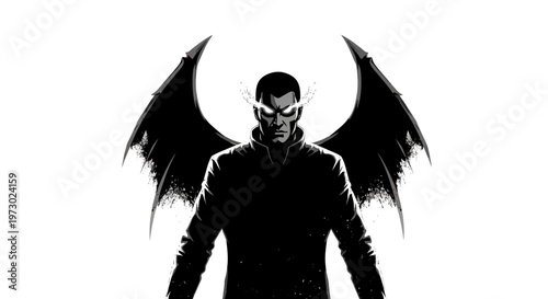 Dark Angel with Glowing Eyes and Spiky Wings, Silhouette, Supernatural Being