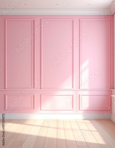 Empty pink-paneled wall and light wooden floor, with architectural details. Sunlight streams through a window, creating soft shadows