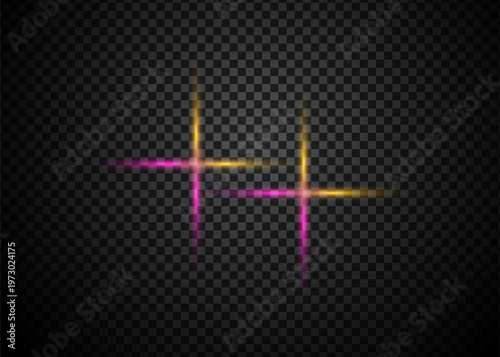 Two intersecting glowing light streaks, pink and yellow, abstract graphic on black background, x ray