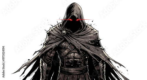 Dark hooded figure with glowing red eyes, menacing, mysterious, fantasy character, illustration