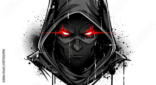 Dark hooded figure with glowing red eyes, menacing, mysterious, grunge style
