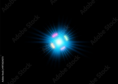 Abstract blue light flare with colorful centers on black