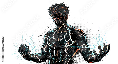 Muscular Man with Glowing Cracks on Skin, Energy Burst