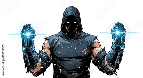 Mysterious hooded figure with glowing hands, superhero concept