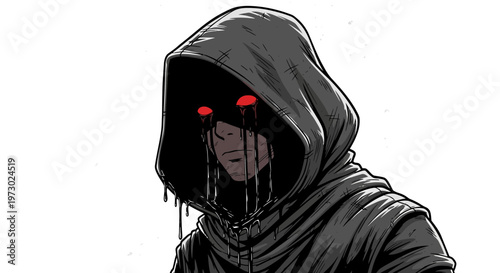 Mysterious hooded figure with glowing red eyes, dripping tears, dark aesthetic, unsettling character