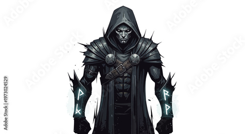Mysterious hooded figure with glowing runes, dark fantasy character