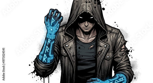 Mysterious hooded figure with glowing runes on arms, occult magic, dark fantasy art