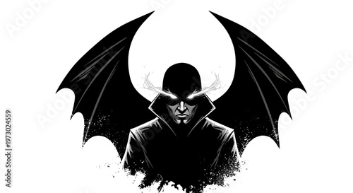 Mysterious winged figure with glowing eyes and dark cloak