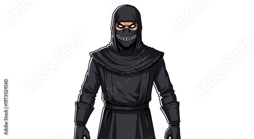 Mysterious Ninja Warrior in Black Hooded Costume with Sharp Teeth Mask