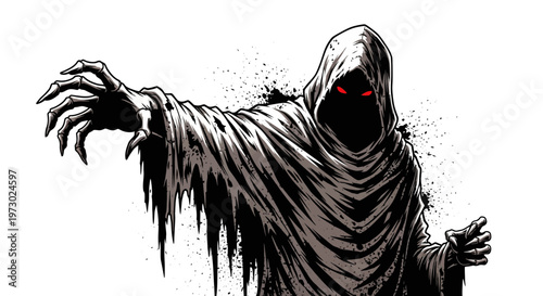 Scary hooded ghost with red eyes reaching out, dark spooky apparition, horror concept
