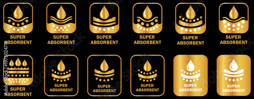 Fotografía Super absorbent icons showing moisture absorption, liquid retention, dryness performance and absorbency indicators